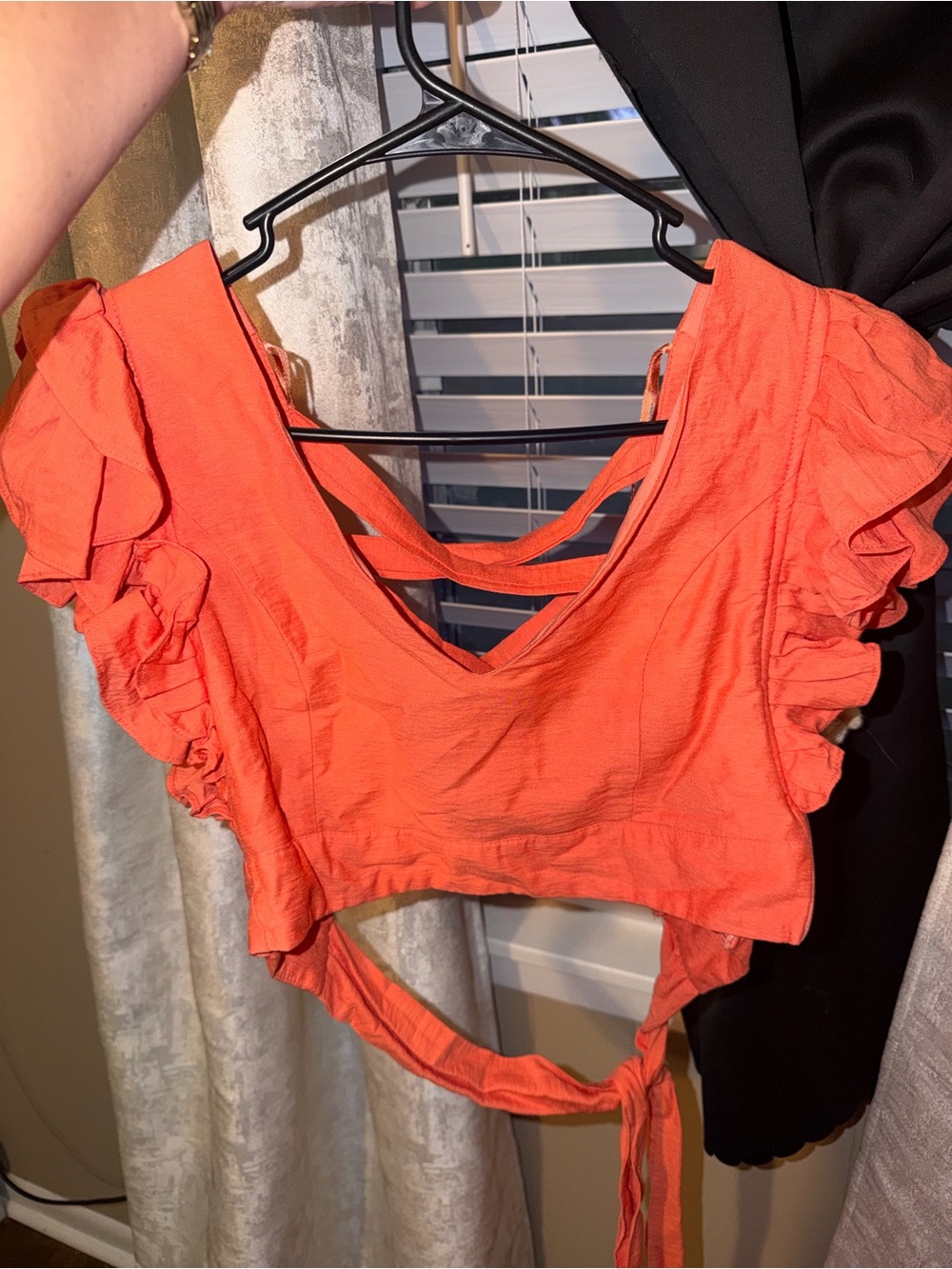 DO+ BE orange ruffle crop top with a tie back